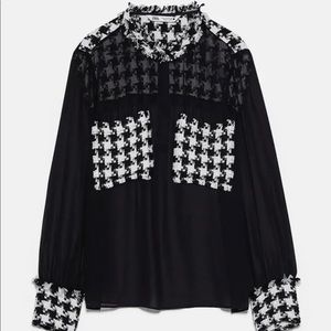 Zara Semi Sheer Houndstooth Blouse